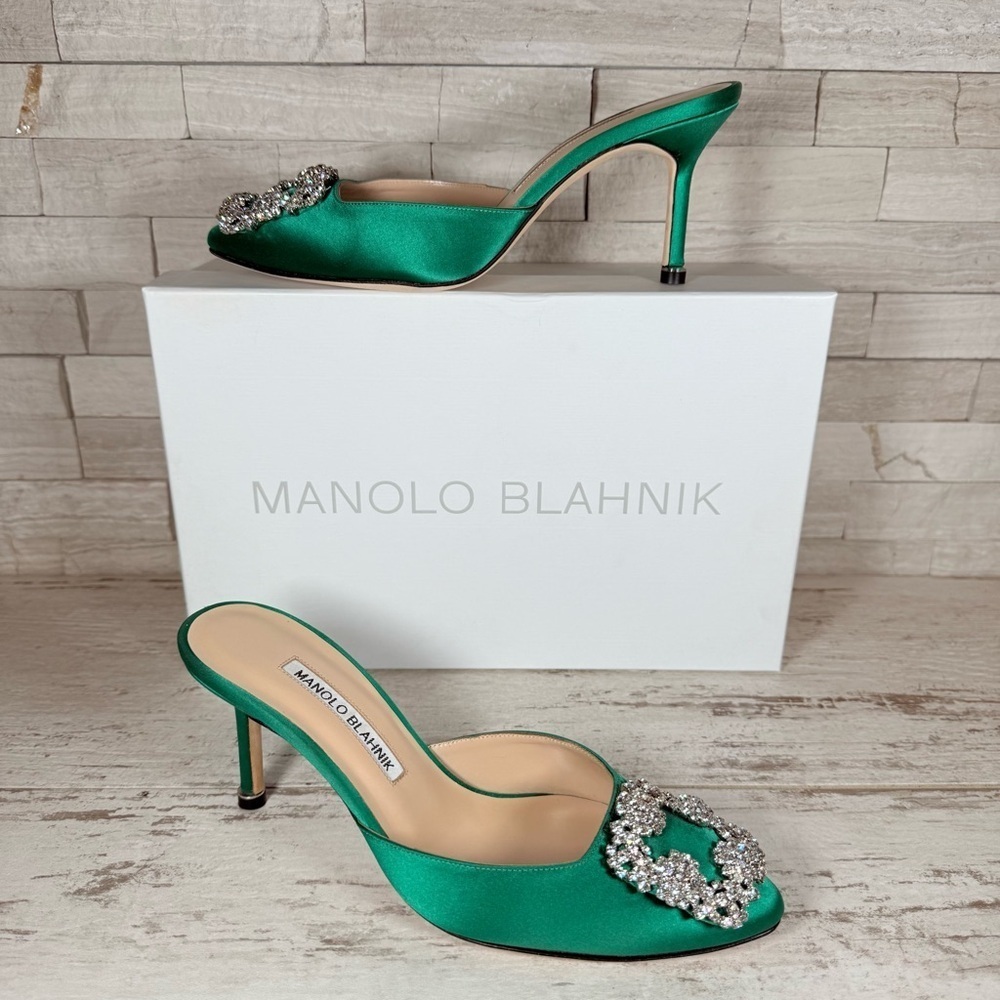 Manolo Blahnik Size 36 Green Hangisi Hangisimu Heeled Mules Satin 70MM NEW